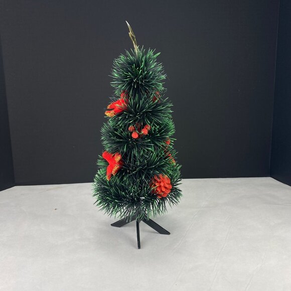 Vintage Plastic Tabletop Christmas Tree Flocked Birds 13 Inch - Picture 2 of 9